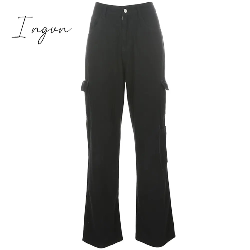 Ingvn - Fashion Streetwear Women Jeans Pocket High Waist Korean Casual Straight Harajuku Denim