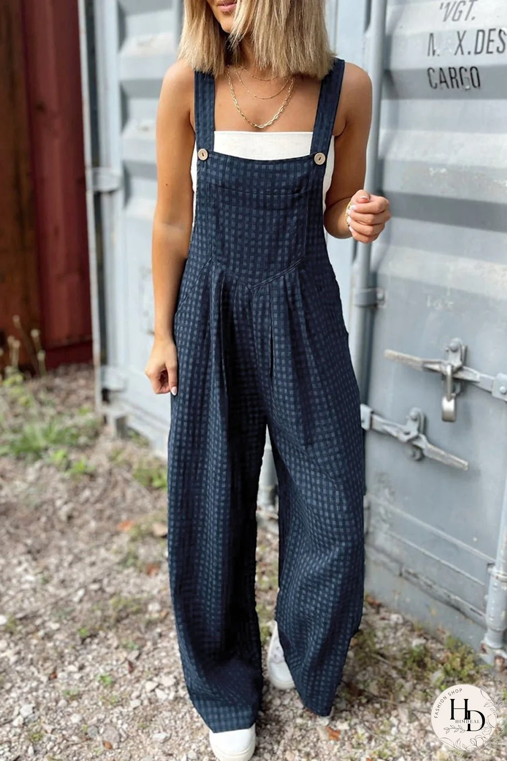 Sail Blue Plaid Print Buttoned Pocketed High Waist Overall