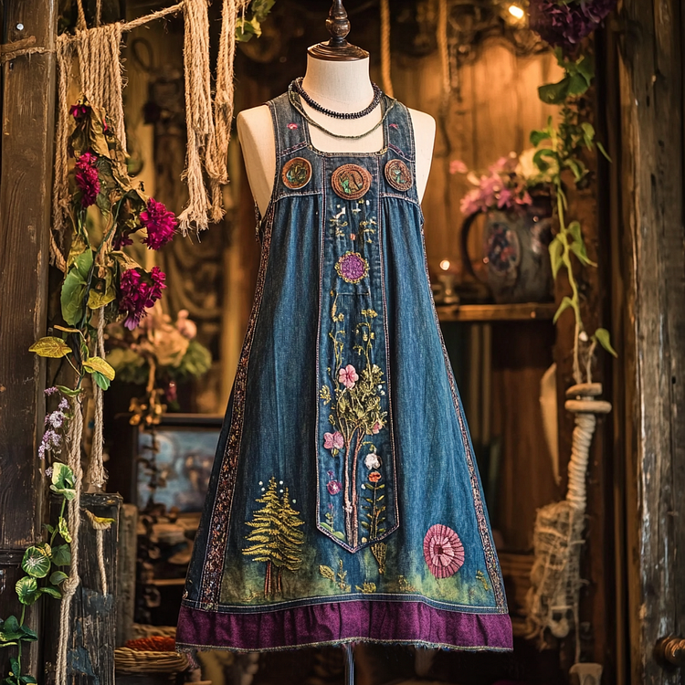 Women's Denim Forest Tree Art Patch Sleeveless Dress