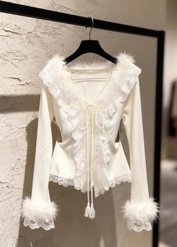 French Apricot V Neck Lace Patchwork Tie Lace Cotton Knit Sweater Spring