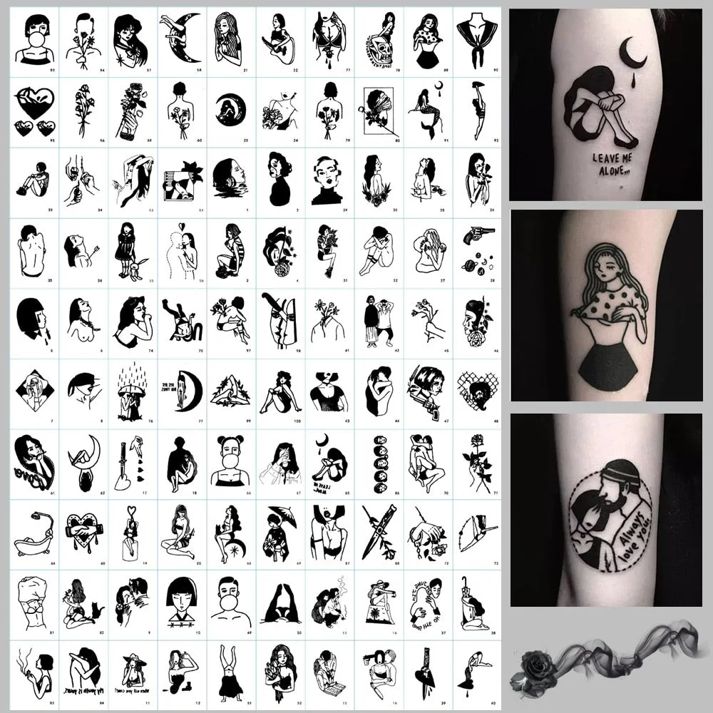 100pcs/Set No Repeat Dark Style Temporary Tattoo Waterproof Black Girl Pattern Body Art Stickers Disposable tatouage temporaire