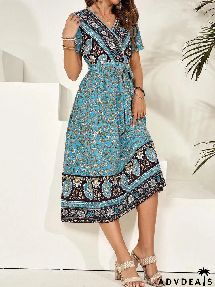 Vintage Printed V-Neck Women's Simple Daily Dress