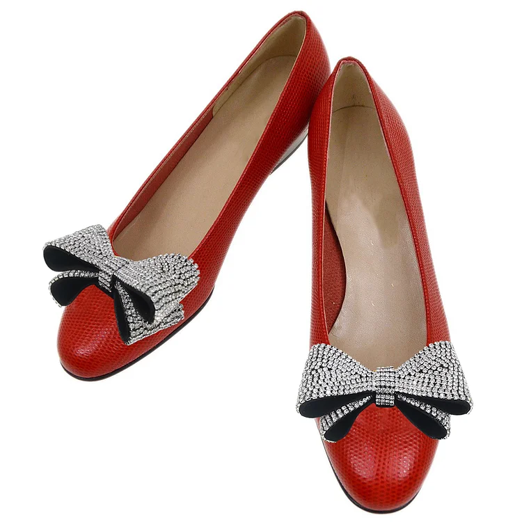 Red Leather Closed Pointed Rhinestone Bow Pumps With Low Chunky Heels |FSJ Shoes