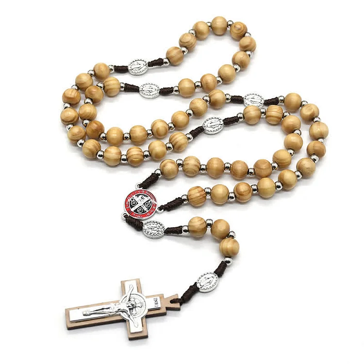 Knitted Burlywood Cross Rosary Necklace