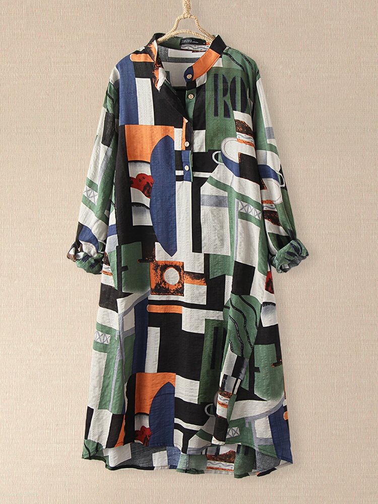 Plaid Loose Stand Collar Long Sleeve Casual Print Dress For Women - Shop Trendy Women's Clothing | LoverChic