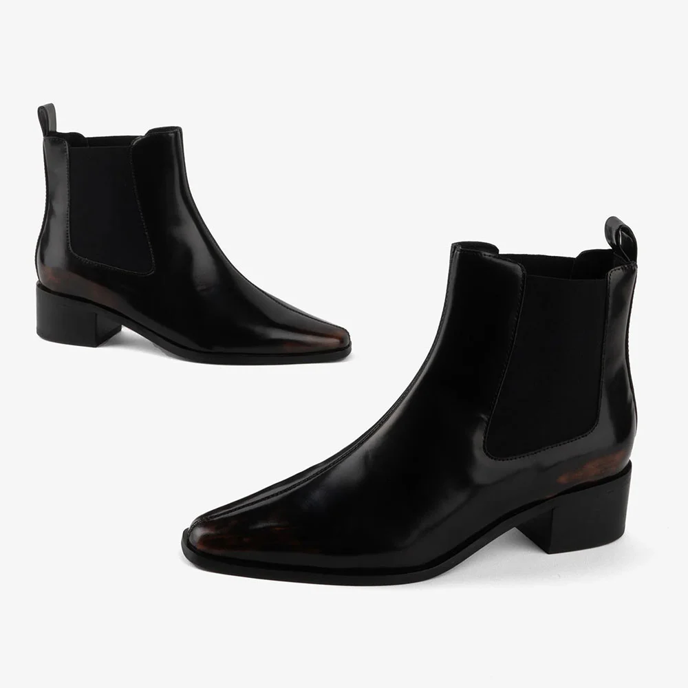 Classic Black Closed Toe Chunky Heel Pull On Chelsea Boots Women