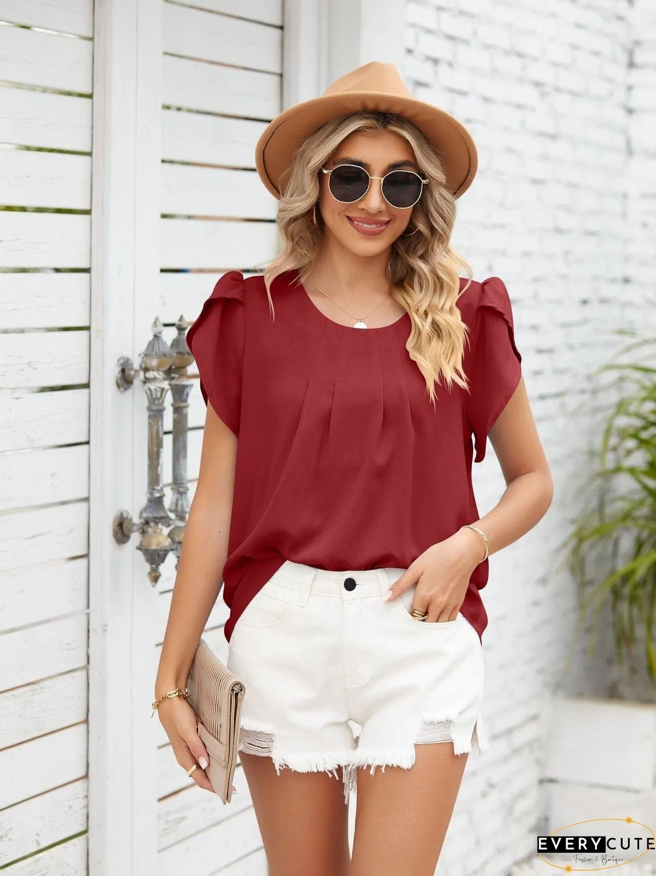Loose-Fitting Short Sleeve Mock Neck Top