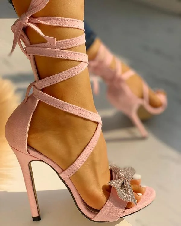 Glitter Bow Crisscross Thin Heeled Sandals