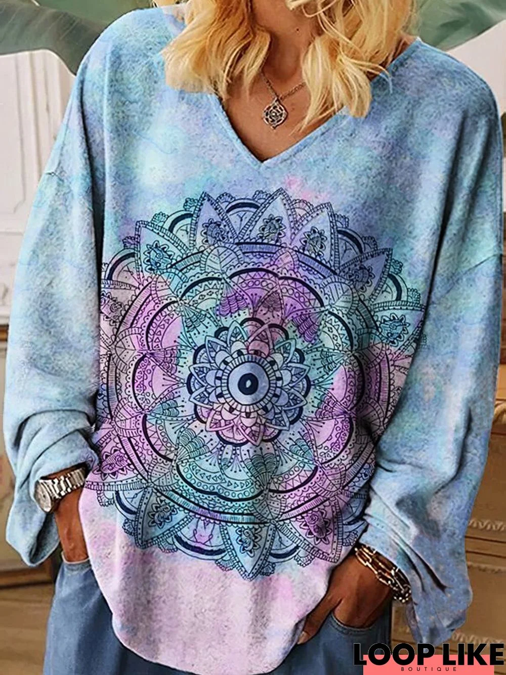 Loosen Tribal Abstract Boho Cotton Blends Long Sleeve Tunic T-Shirt