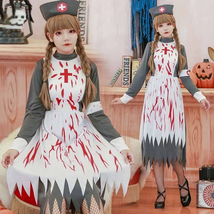 Halloween Maid Cosplay Color Block Long Dress With Hat - Modakawa Modakawa