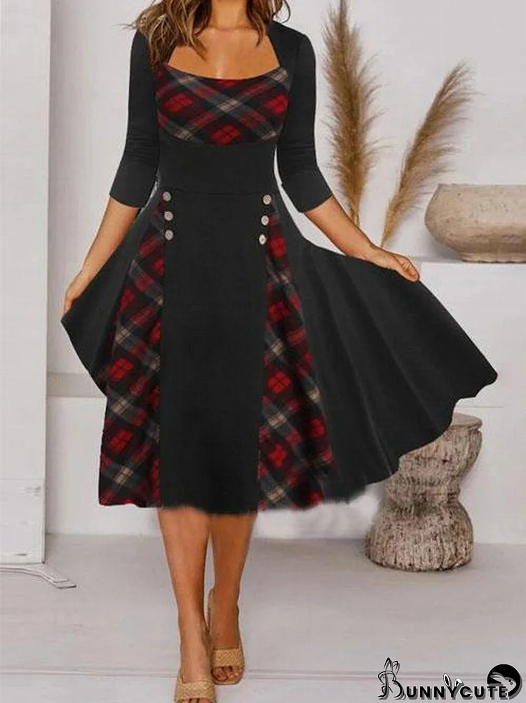 Women's Long Sleeve Scoop Neck Plaid Stitching Midi Dress