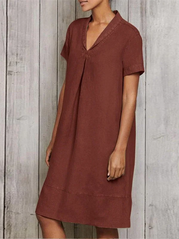 Women Short Sleeve V-neck Soild Midi Dress