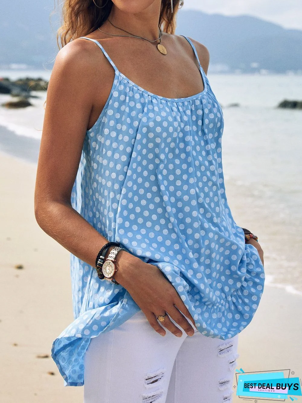 Polka Dots Cotton-Blend Vacation Crew Neck Tank & Cami