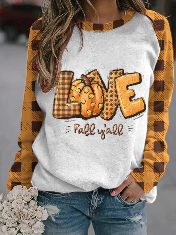 Women's Love Fall Y'all Pumpkin Maple Leaf Autumn Plaid Print Sweatshirt