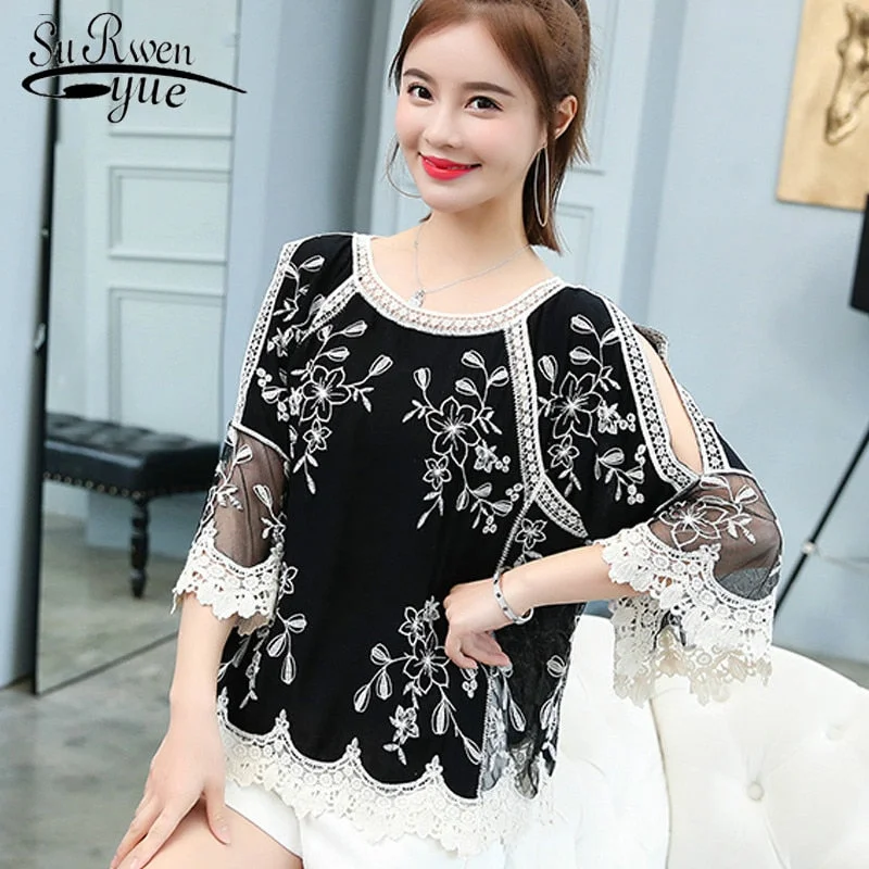 New Spring Summer Embroidery Lace Blouse Flare Sleeve Hollow Out Women Shirt O-Collar Casual Female Tops Ladies Clothing 4506 50