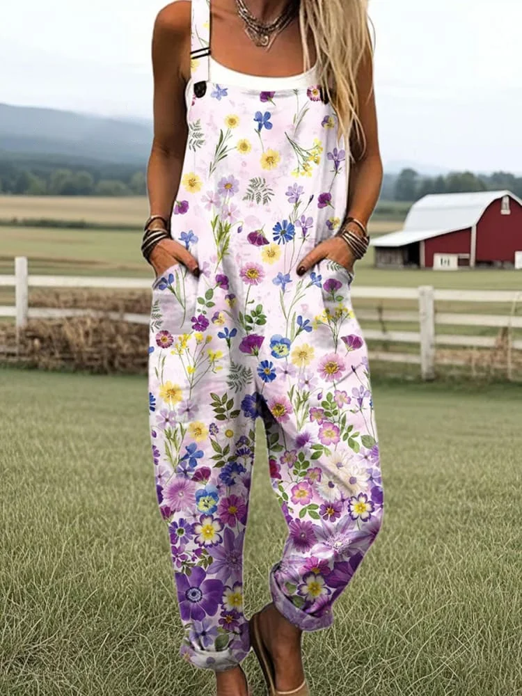 Women's Vintage Floral Pattern Print Casual Wide Leg Jumpsuit