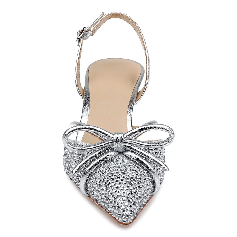Pointed Toe Bow Kitten Heel Rhinestone Slingback Pumps in Silver