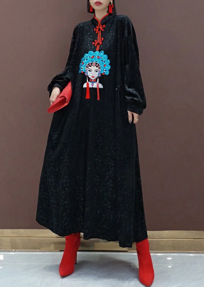 Chinese Style Black Stand Collar Embroideried Silk Velour Maxi Dresses Long Sleeve