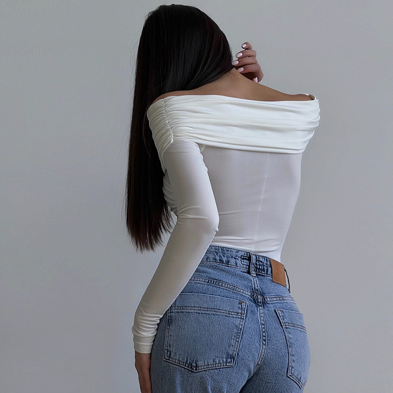 Ootddress White See-Through Patchwork Jumpsuit For Women Pleated Slim Sexy High Waist Long Sleeve Off-Shoulder Rompers Streetwear