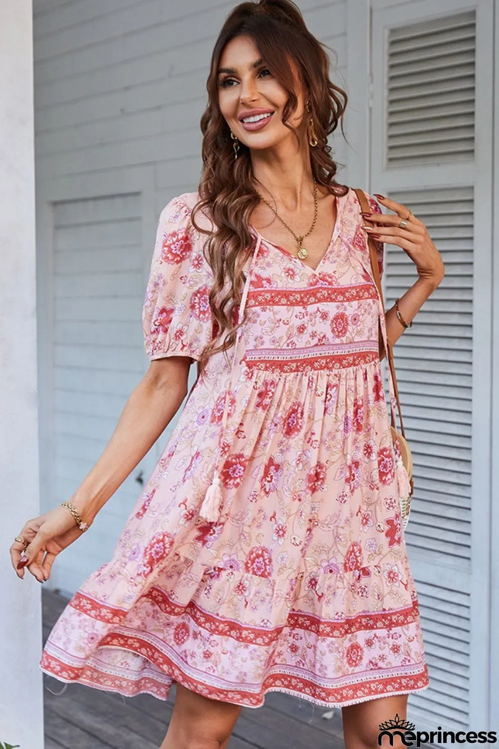 Tie Neck Short Sleeve Mini Dress