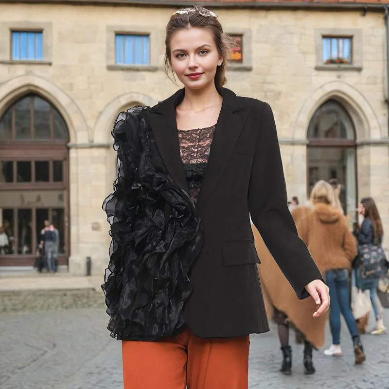 Toloer Toloer Personality Suit 2024 Autumn New Fashion Splicing Mesh Flounces Small Suit Coat Female-Outfit Ideas