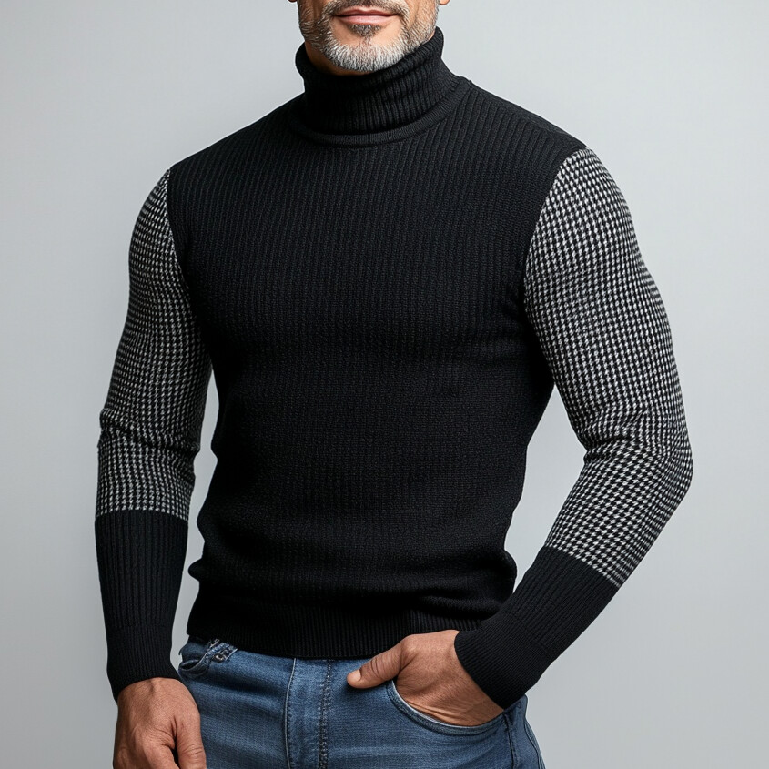Men's Knit Turtleneck Long Sleeve Houndstooth Pattern Patchwork Sweater
