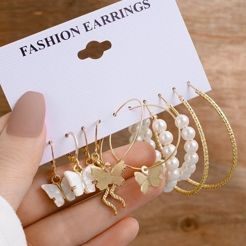 1 Set Minimalist Circle Heart Shape Butterfly Metal Plating Inlay Pearl Women’s Earrings