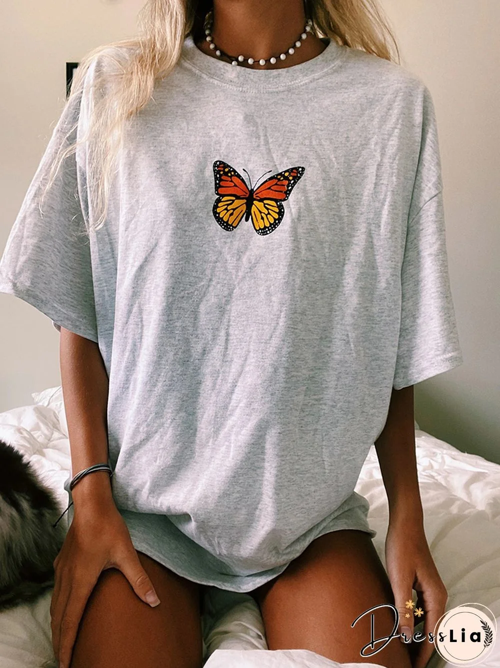 Casual Grey Butterfly Print T-Shirt