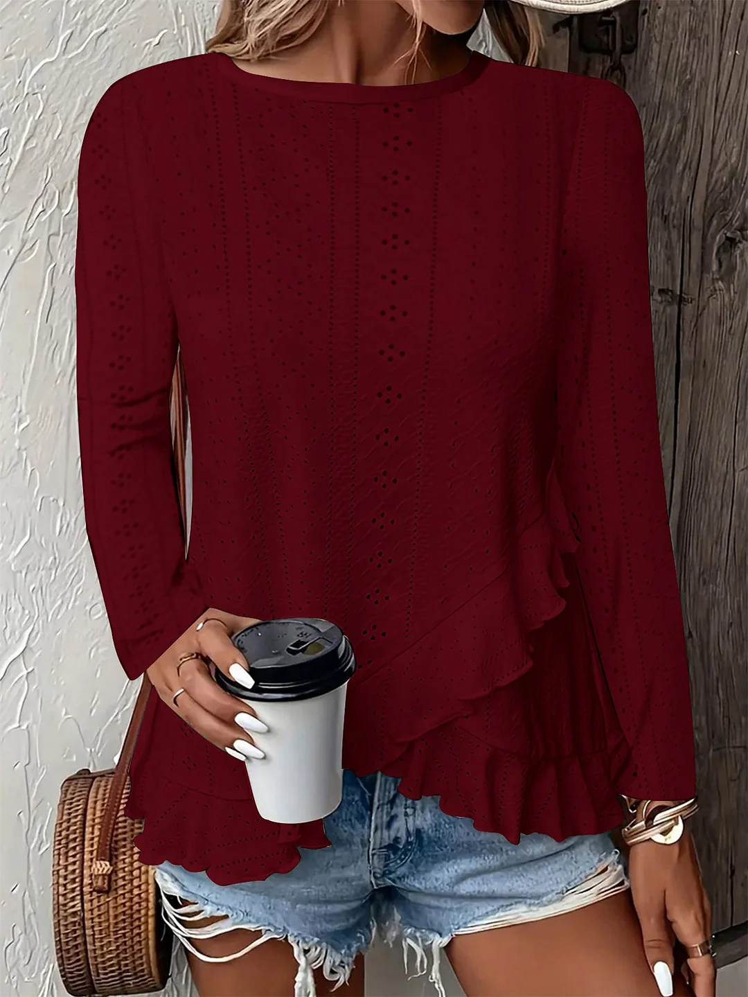Women Long Sleeve Scoop Neck Solid Color Tops