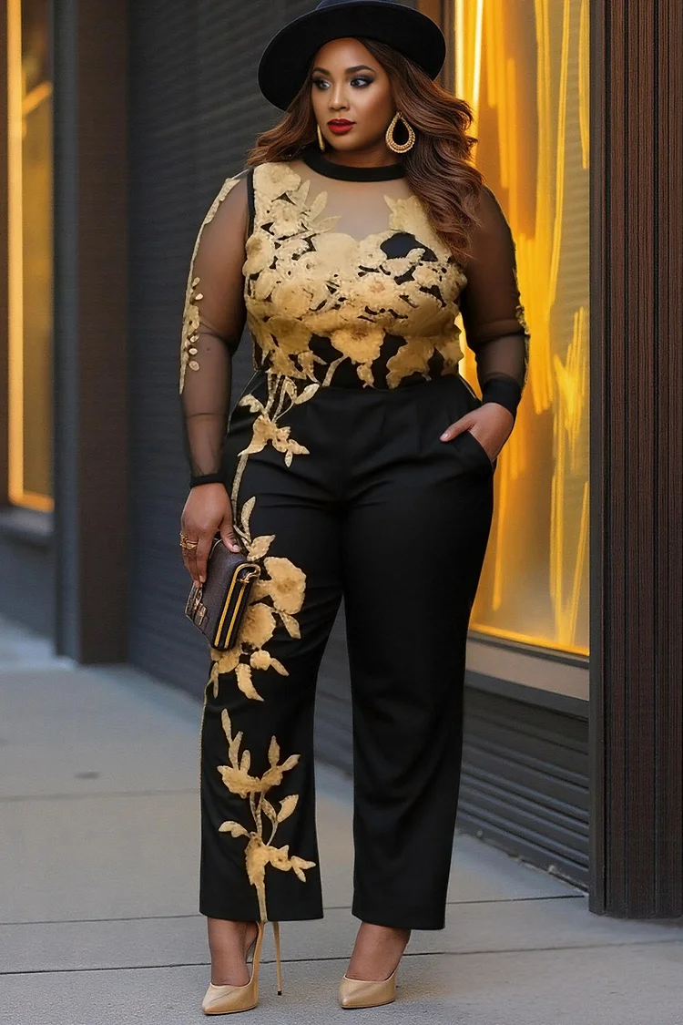 Xpluswear Design Plus Size Business Casual Black Floral Round Neck Long Sleeve See Through Pocket Jumpsuits [Pre-Order] 2024 - Xpluswear