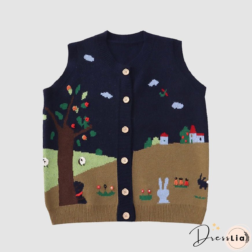 Pastoral Illustration Vest Sweater
