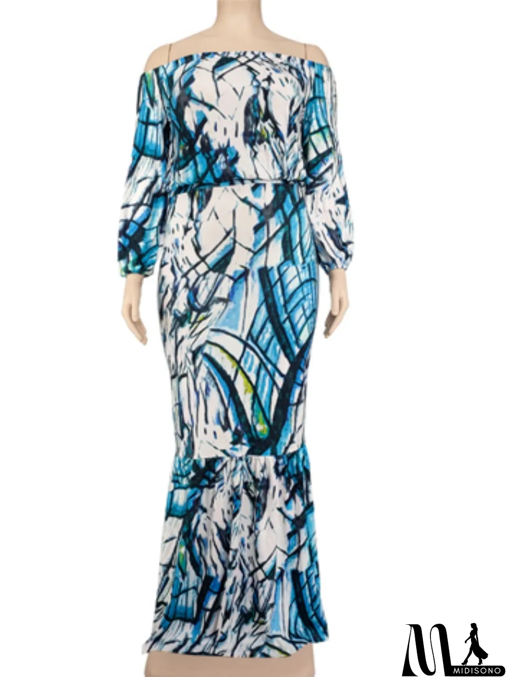 MidiSono - Autumn Plus Size Printed White Off Shoulder Puff Sleeve Long two piece skirt set