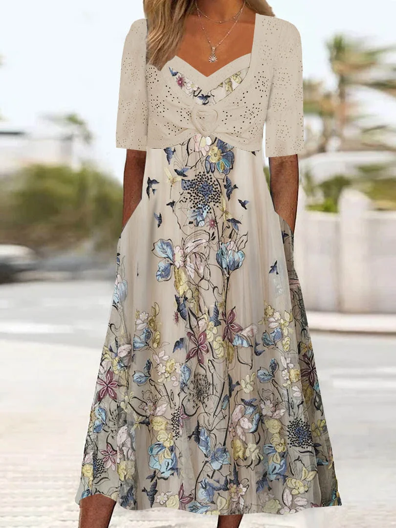 Women's Half Sleeve V-neck Graphic Floral Printed Midi Dress