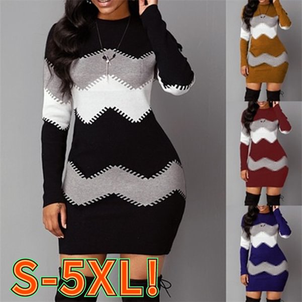 Women Fashion Mini Sweater Dress Ladies Casual Knitted Long Sleeves Slim Bodycon Hip Package Stripes Sexy Dresses - Life is Beautiful for You - SheChoic