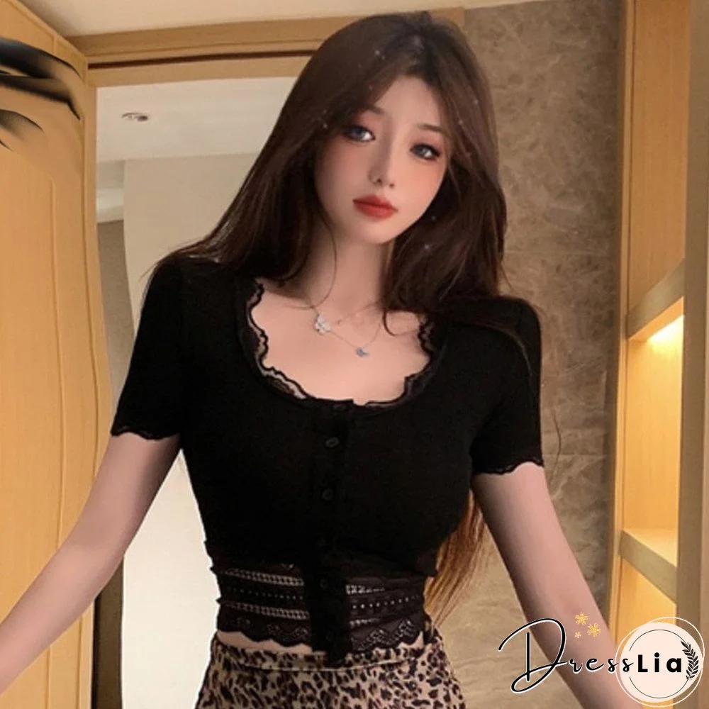 Korean version of sexy lace stitching tops women's tight-fitting single-breasted T-shirt short tops summer short sleeves