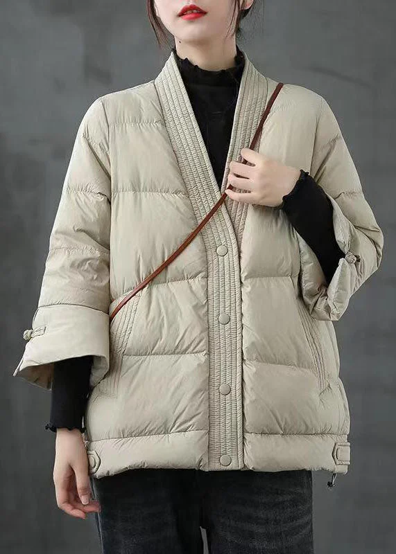 Beige  V Neck Button Thick fashion Winter Duck Down Jackets