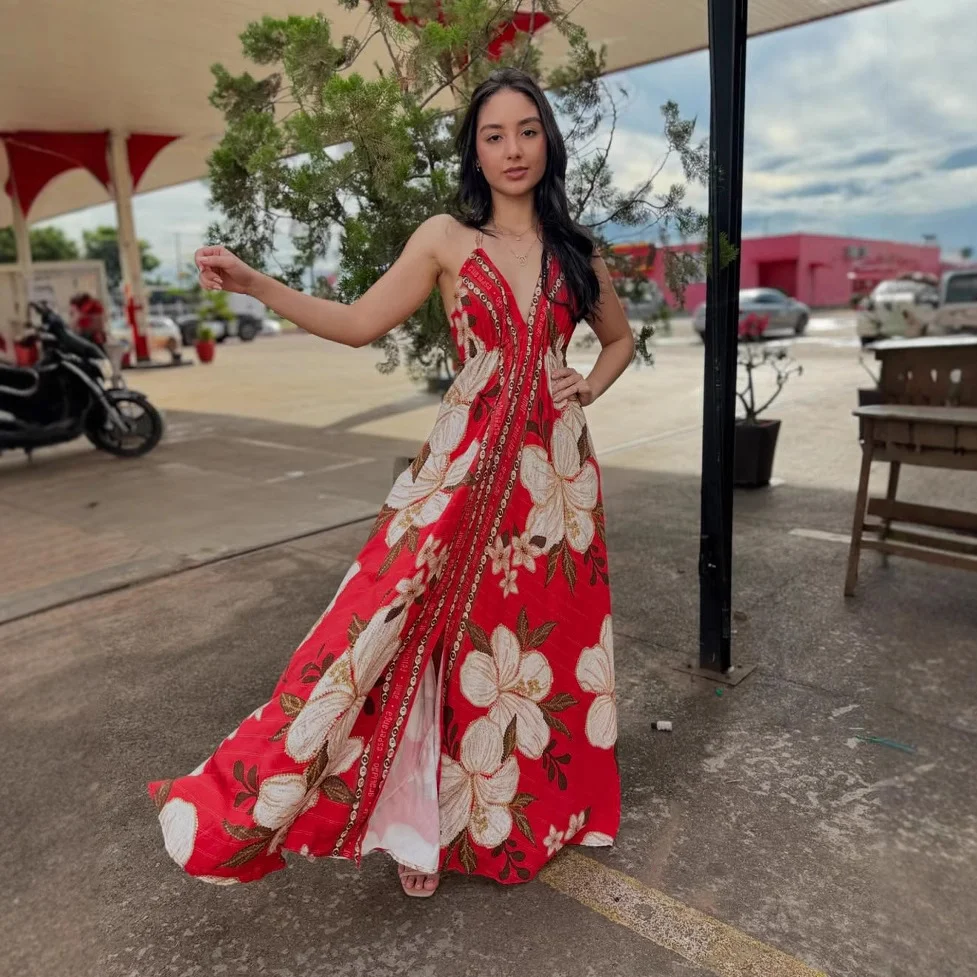 Uveng Uveng New Spring-Summer V-Necked Women's Sling Print Fairy Gas Long Temperament Dress Dress