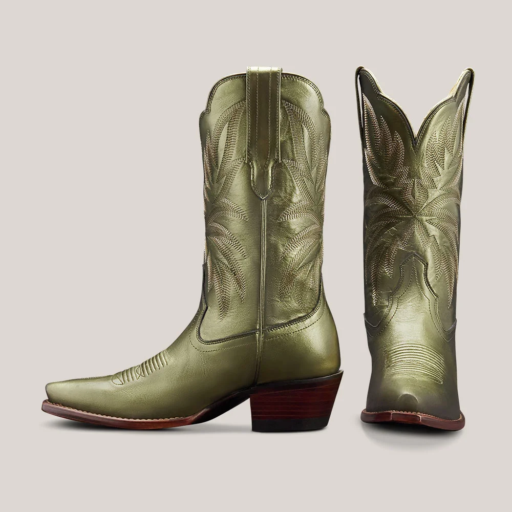Metallic Olive Snip Toe Mid Calf Embroidered Cowboy Boots for Women