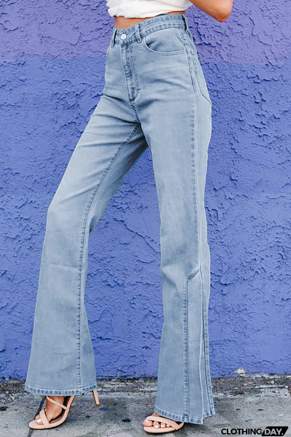 Sky Blue Wide Leg Split Hemline Flared Jeans