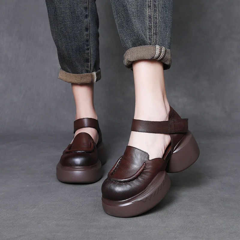 Yyvonne Cow Skin Retro Baotou Thick-Soled Roman Sandals Women's 2025 Summer New Commute Comfortable Casual Women's Shoes