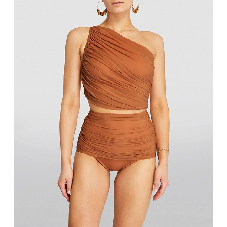 One Shoulder Ruched Rust High Waist Bikini Swimsuit and Sarong Flaxmaker
