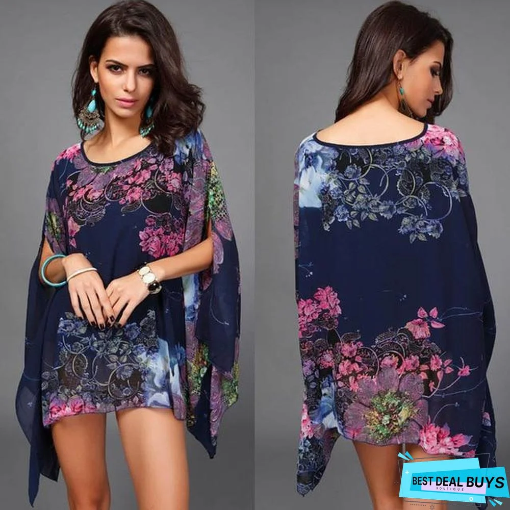 Boho Batwing Sleeve Chiffon Blouse Casual Floral Print Loose Big Size Beach Blouse