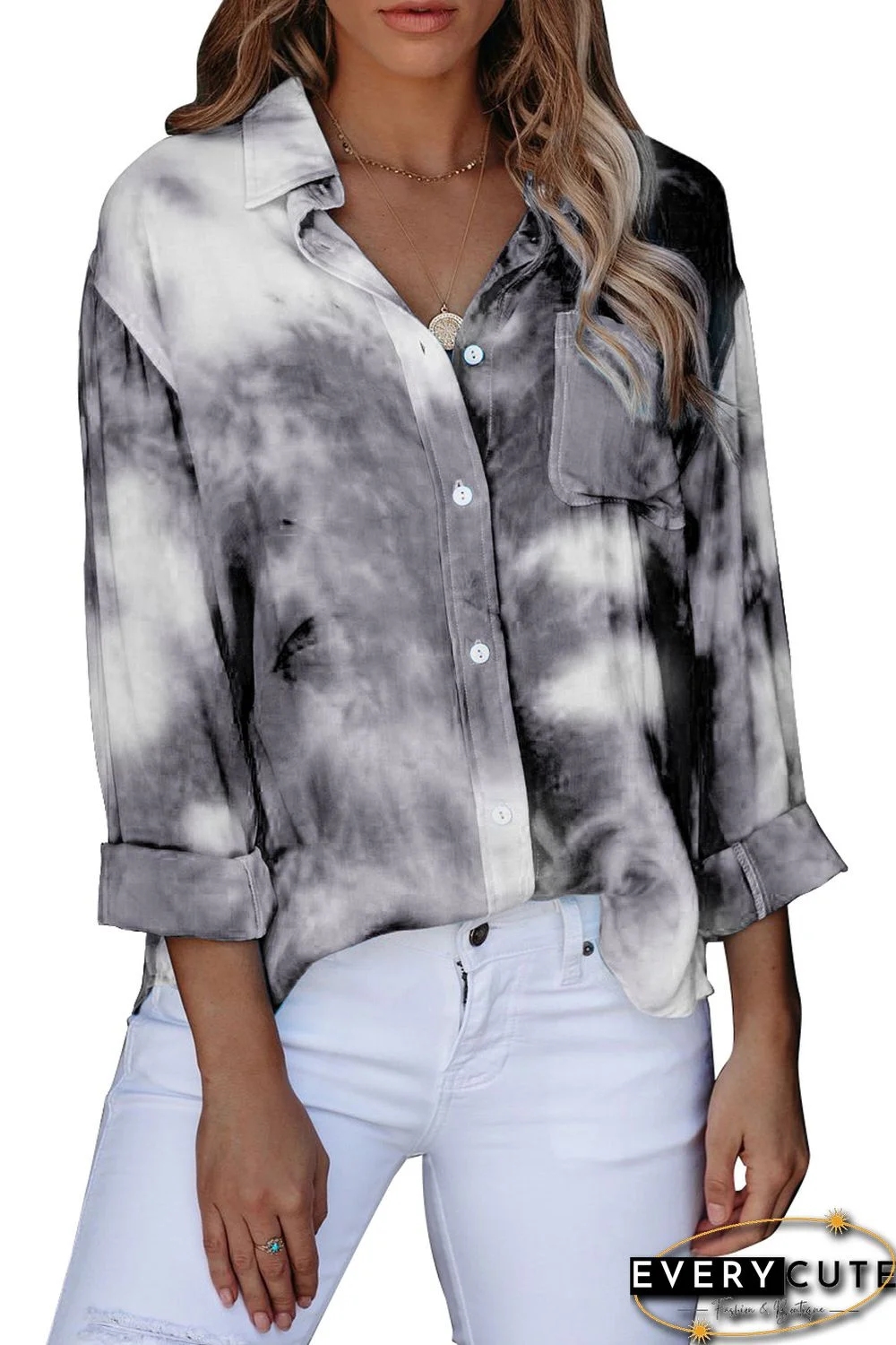 Gray Whirlwind Tie Dye Button Shirt with Pocket