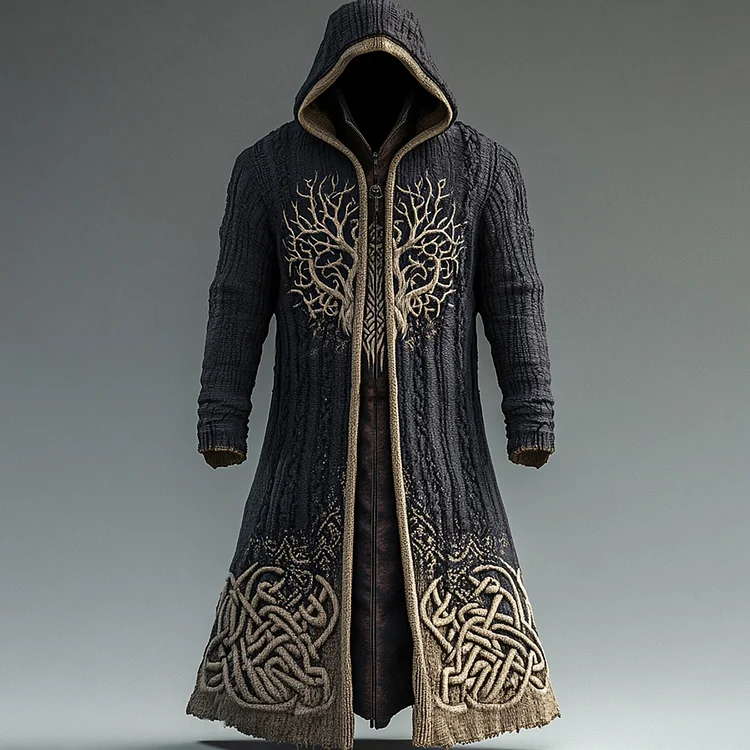 Men's Viking Contrast Color Tree Of Life Embroidered Knit Hooded Coat