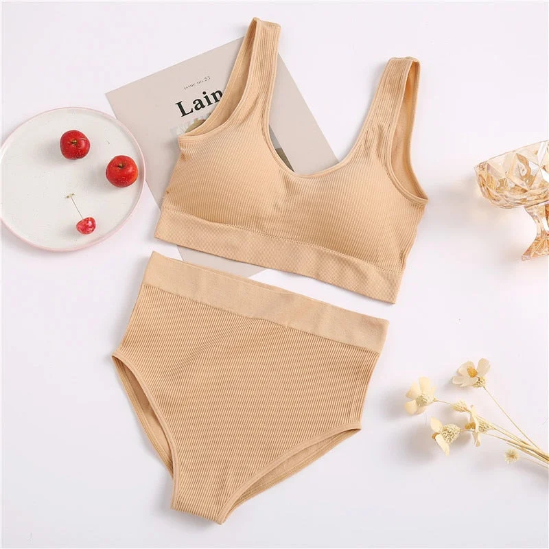 FINETOO Seamless Tops Set High Waist Panties Women Wireless Underwear Suit Soft Padded Bras Set S-XL Backless Bralette Lingerie