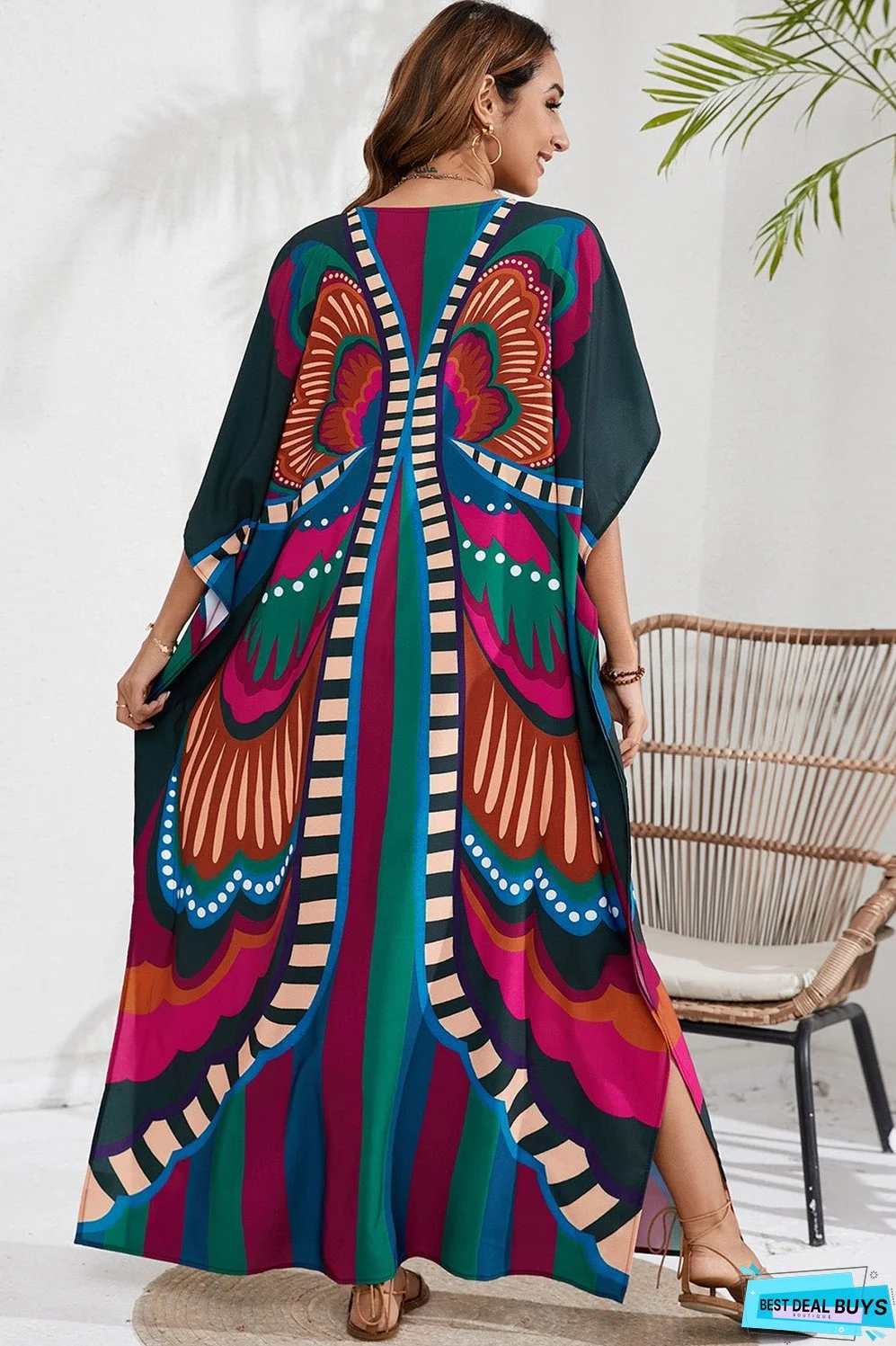 Slit Printed V-Neck Short Sleeve Cover Up