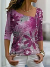 T-shirts for Women Abstract Floral Painting V-neck Long Sleeve Casual Tops