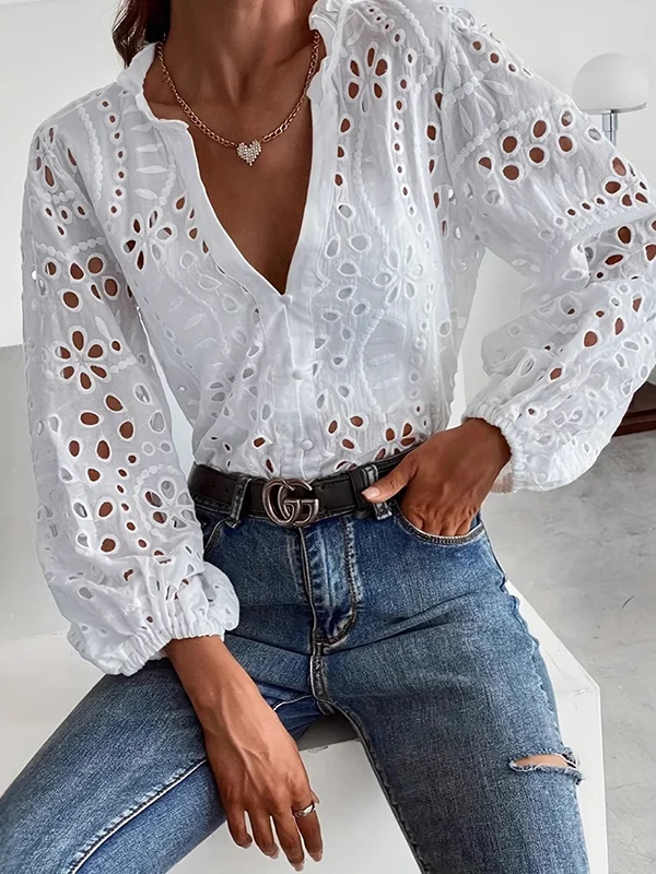 Buttoned Flower Shape Hollow See-Through Single-Breasted Solid Color Split-Joint Irregularity Long Sleeves V-Neck Blouses&Shirts Tops