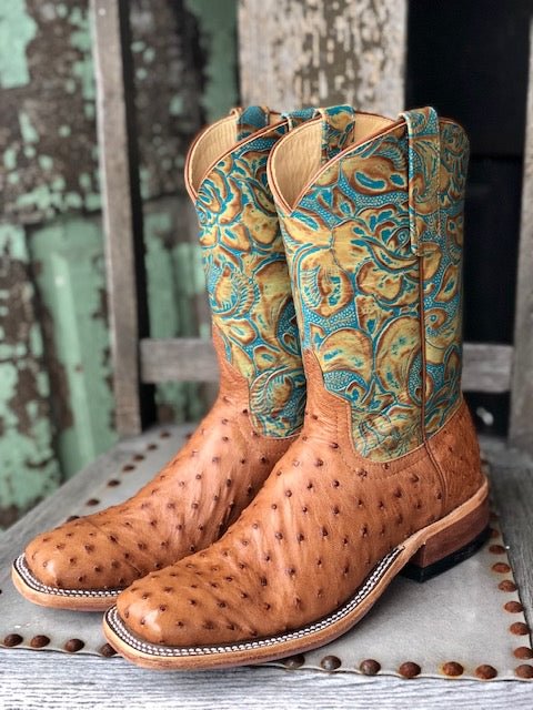 Anderson Bean Women's Cognac Mad Dog Ostrich & Teal Havanna Square Toe Boots 321804