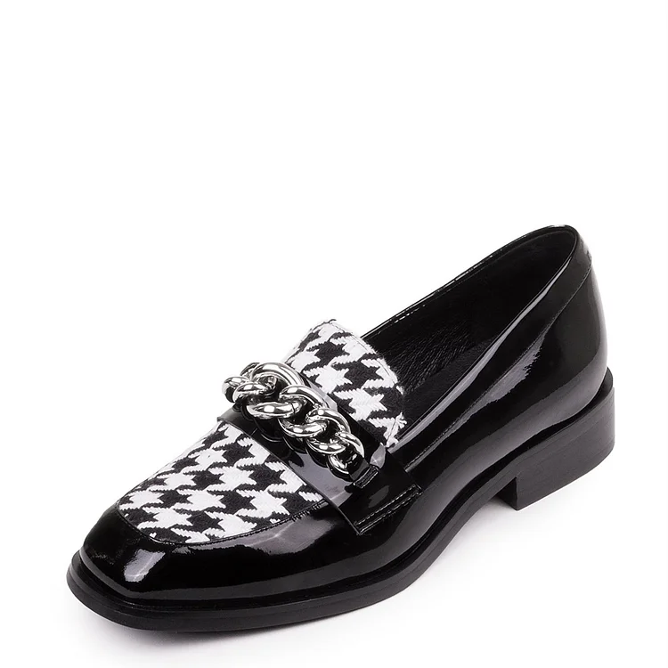 Black Hounds-tooth Loafers for Women Square Toe Shoes with Chains |FSJ Shoes